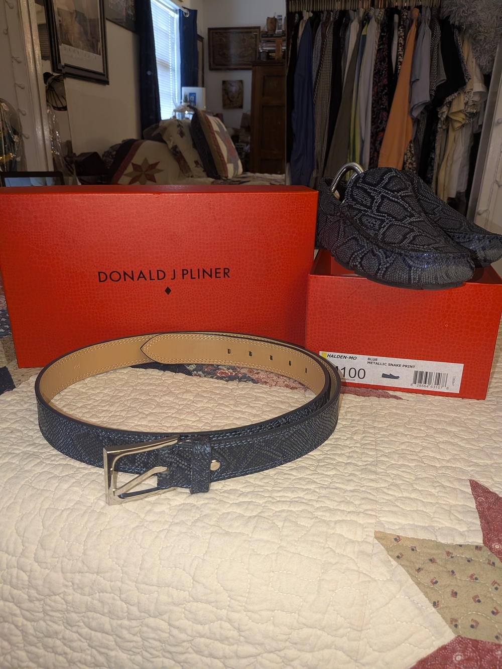 Donald J. Pliner Men's Navy Snake-Embossed Leather Loafers and Belt Set